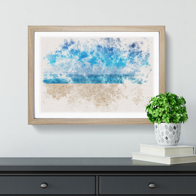 Beach in Mexico Watercolour - Picture Frame Graphic Art Print, 62cm H x 87cm W x 2cm D, Oak Framed
