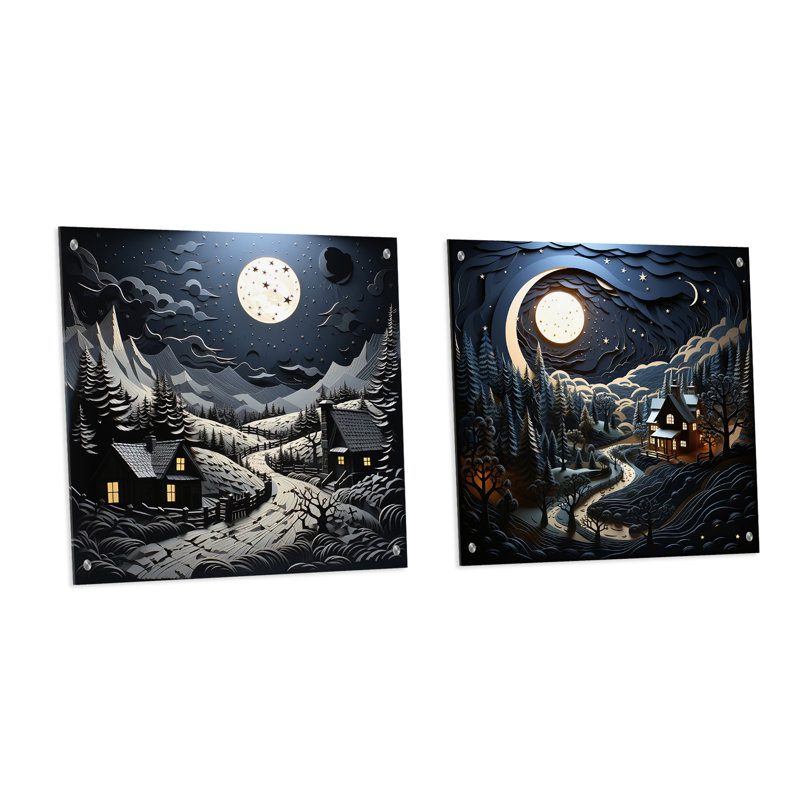 Paysage avec grange au clair de lune II - ensemble de 2 peintures murales en acrylique, H 36 po x l 73 po