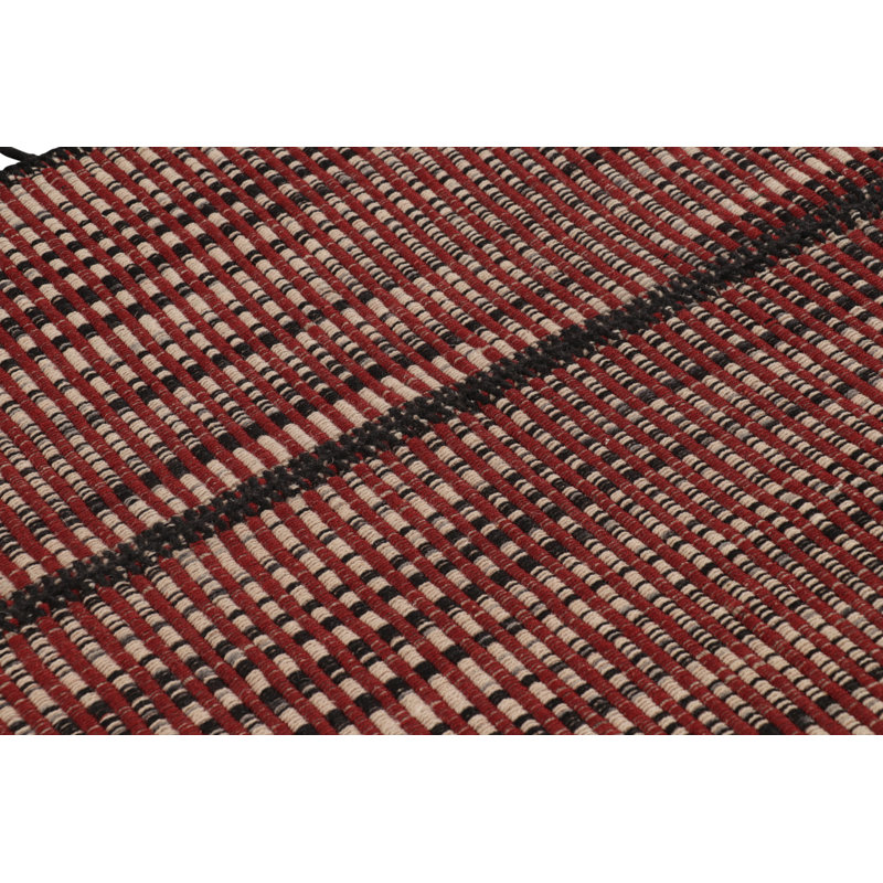 Rug & Kilim’S Accent Kilim, Square Rug With Textural Red, Black & Beige Stripes