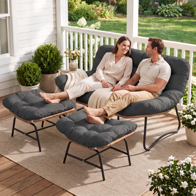 Outdoor/indoor Lounge Chair With Ottomans, Double Wicker Club Chair Loveseat With Thick Gray Cushion