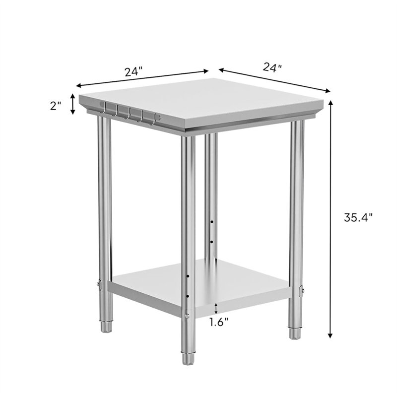 Table de préparation de cuisine 24 po x 24 po en acier inoxydable argenté avec crochets et tablette réglable