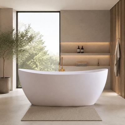 Baignoire de trempage autoportante à surface solide de 63 po, baignoire en résine en forme de bateau moderne blanc mat 