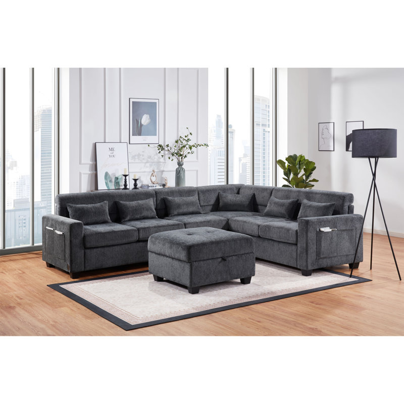 Canapé modulaire en chenille l 115 po gris Trey avec dossier réglable, ports de chargement, poches, capitonnage, repose-pieds avec rangement, coussins décoratifs