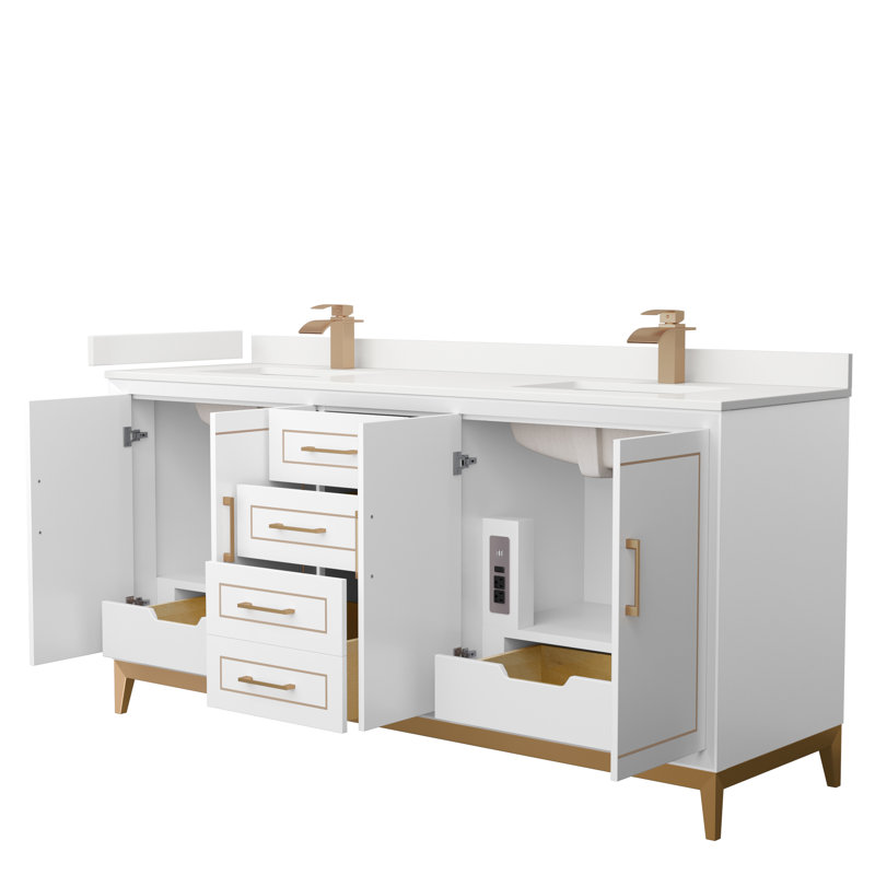 Meuble-lavabo double Marlena, Blanc, Quartz Giotto, Noir mat