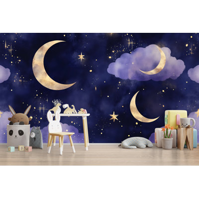 Murale lune et étoiles - Papier peint chambre de bébé chambre de bébé mauve