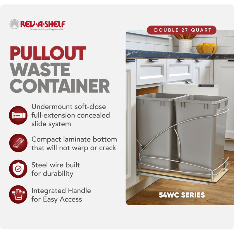 Rev-A-Shelf Pullout Trash Container(s) w/ Soft-close, Gray, 2, 6.75 Gallons, 19.47" H x 11.5" W x 11.45" D