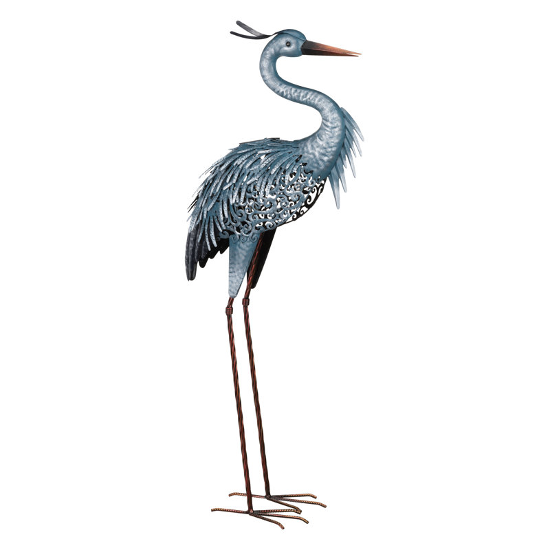 Large Metallic Blue and Silver Solar Heron Garden Sculpture
