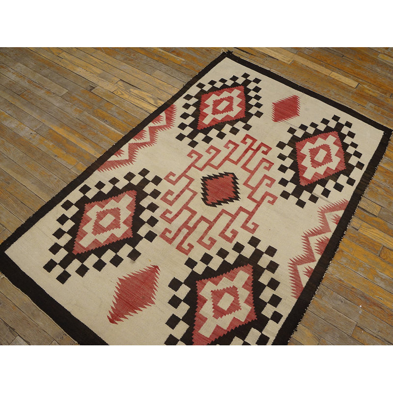 Antique Light Ivory Color Tribal Geometric Native American Flatweave Navajo Rug