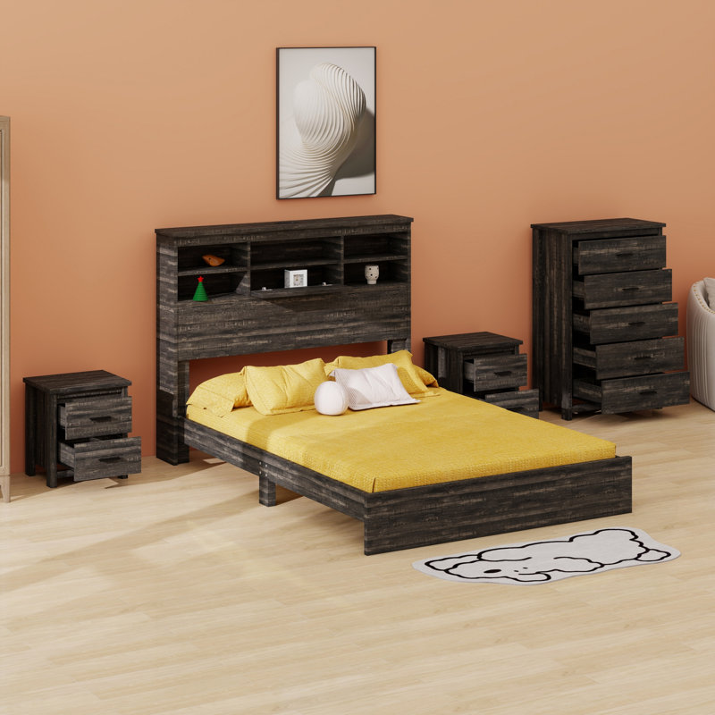 Ensemble de chambre à coucher avec lit tête de lit avec rangement et 2 tables de chevet et commode