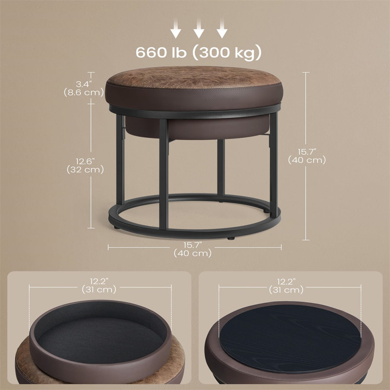 Walnut Brown Round Ottoman with Alloy Steel Frame and Storage