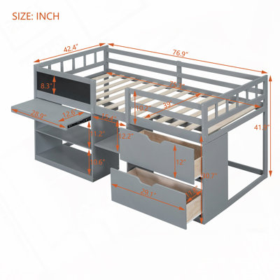 Bed with Rolling Desk, Shelf and Drawers