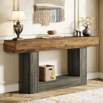63" Farmhouse Console Table With Storage – 2-Tier Entryway Sofa Table Behind Couch, Narrow Hallway Accent Table With U-Shaped Base by Ophelia & Co.