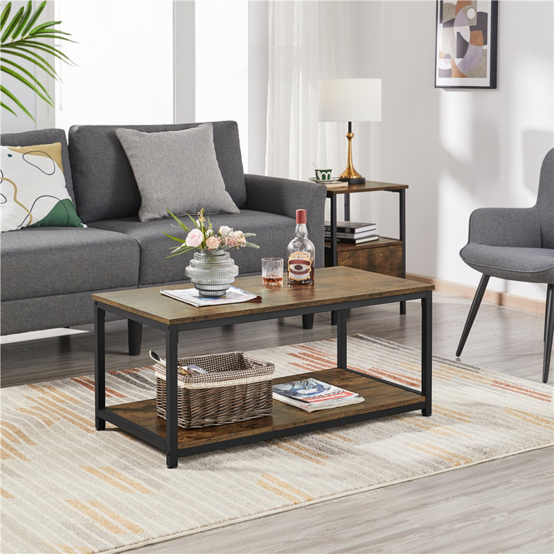 Floor Shelf Coffee Table with Storage, Rustic Brown