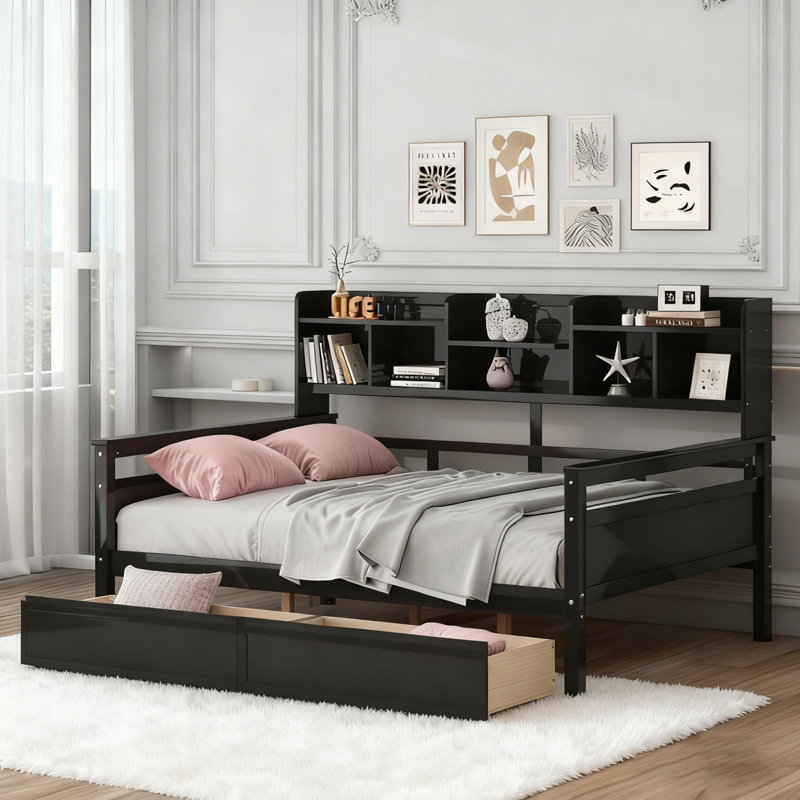 Daybed, Wood Slat Support, with Bedside Shelves and Two Drawers, Full/Double, Espresso