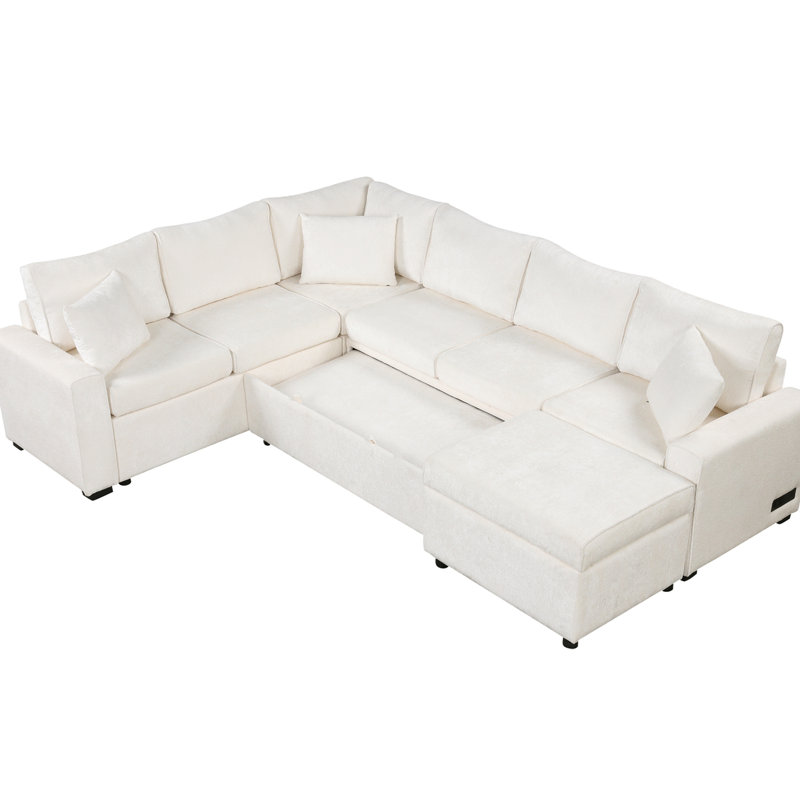 Canapé modulaire crème de 112,2 po avec lit escamotable, espace de rangement mobile, 3 coussins pour le style du salon