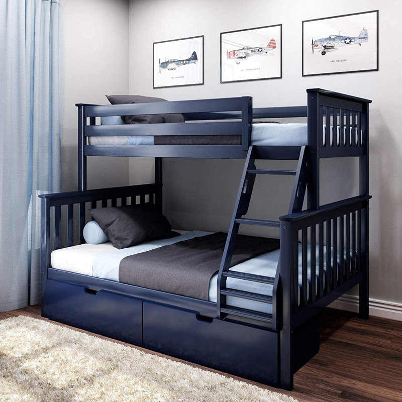 Lit superposé standard en bois massif Bolles, Bleu, Simple sur simple