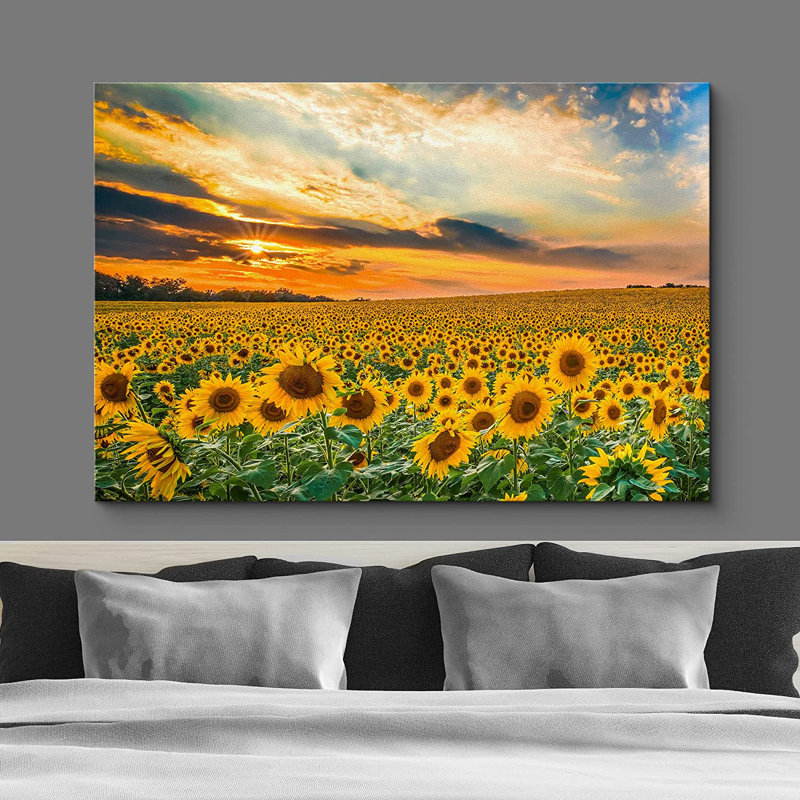 Sunflower " Summer Sunflower Field Sunset ", 32" H x 48" W x 1.5" D