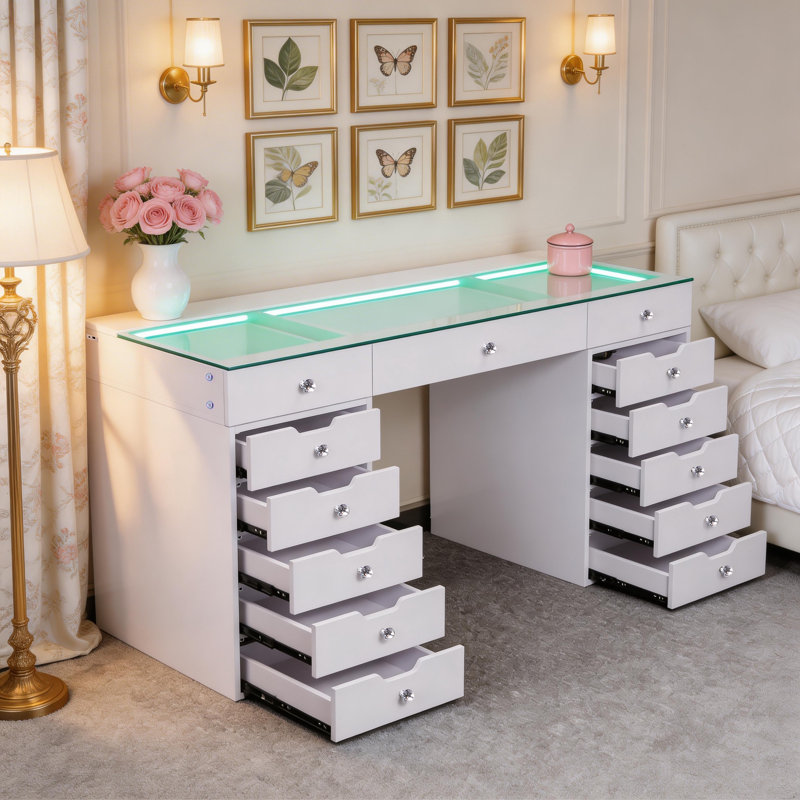 Paten Makeup Vanity HD Glass Top Built-in LED Light Strips Large 13 Drawers Diamond Handles USB and Type-C, White