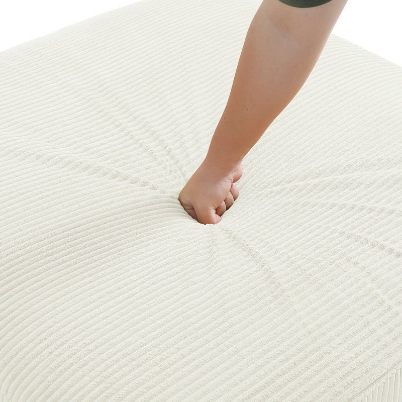 Upholstered Beige Square Corduroy Ottoman with Solid Wood Legs, Single Ottoman Modular Part For Sectional Sofa, Beige