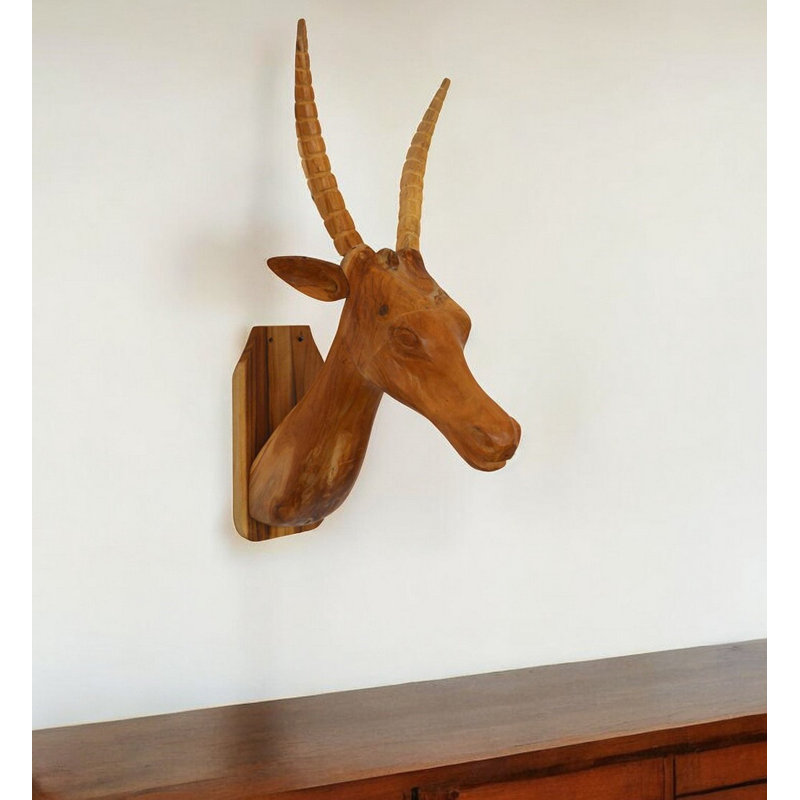 28" Brown Solid Wood Elk Head Hanging Dimensional Sculpture, Black/White