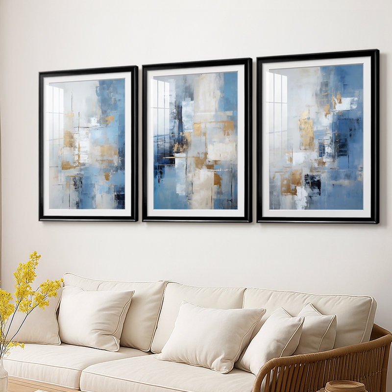 Série ABSTRACT Dxxix - Impression sur mesure encadrée de qualité supérieure - 3 pièces, H 30 po x l 63 po, Noir