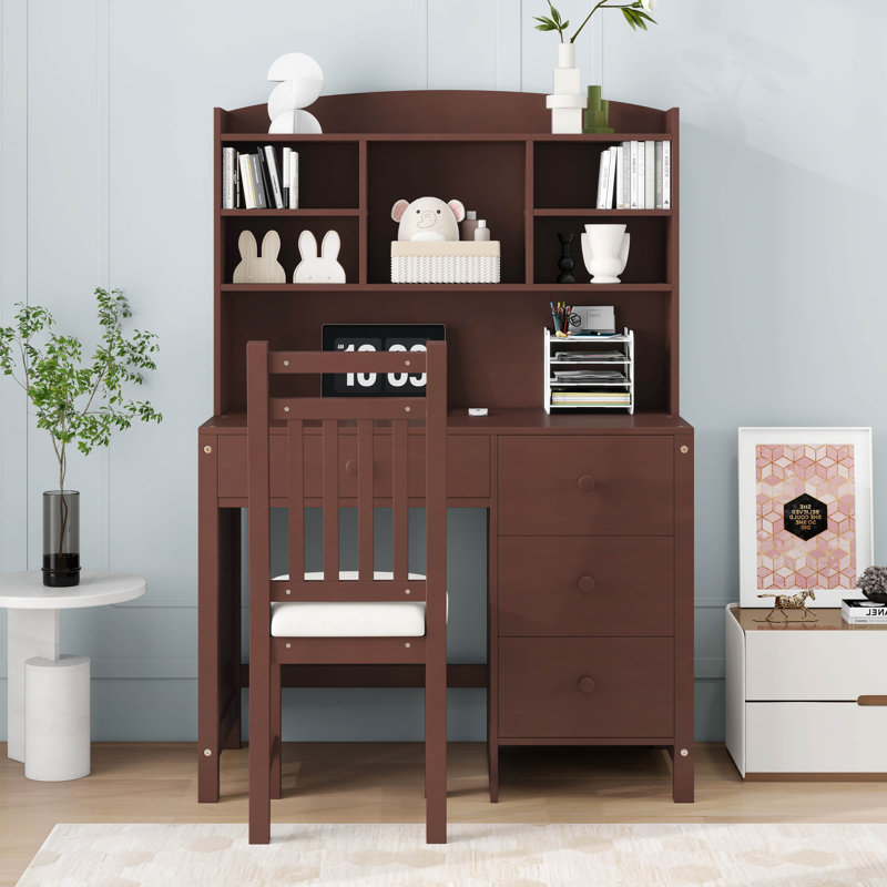 Ensemble de bureau d'écriture et chaise rembourrée avec bibliothèque, bureau d'ordinateur rétro 40 "avec 4 tiroirs, huche et chaise