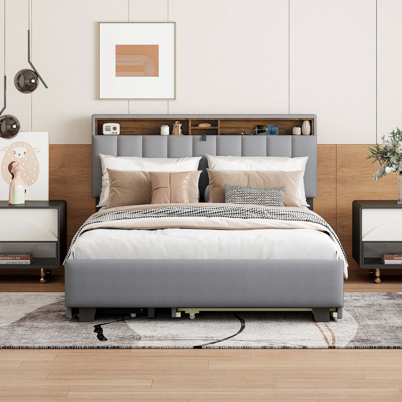 Lit plateforme tapissier avec tête de lit, Gris, Grand