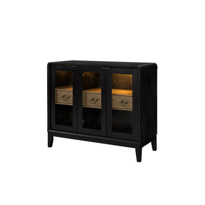 Peppercorn Finish Glass Door Server With Two Framed Doors For Easy Access And Center Drawers Storage, Suitable Living Spaces, 42.08 In Deep, 17.87 Wide, 35.83 Tall Dining Or Stylish Presentation,