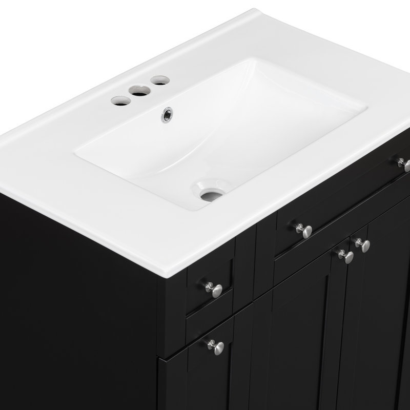 Meuble-lavabo noir 30 po avec lavabo en céramique, armoire de rangement abondante - 2 portes à fermeture douce et tiroir profond à deux niveaux, meuble-lavabo