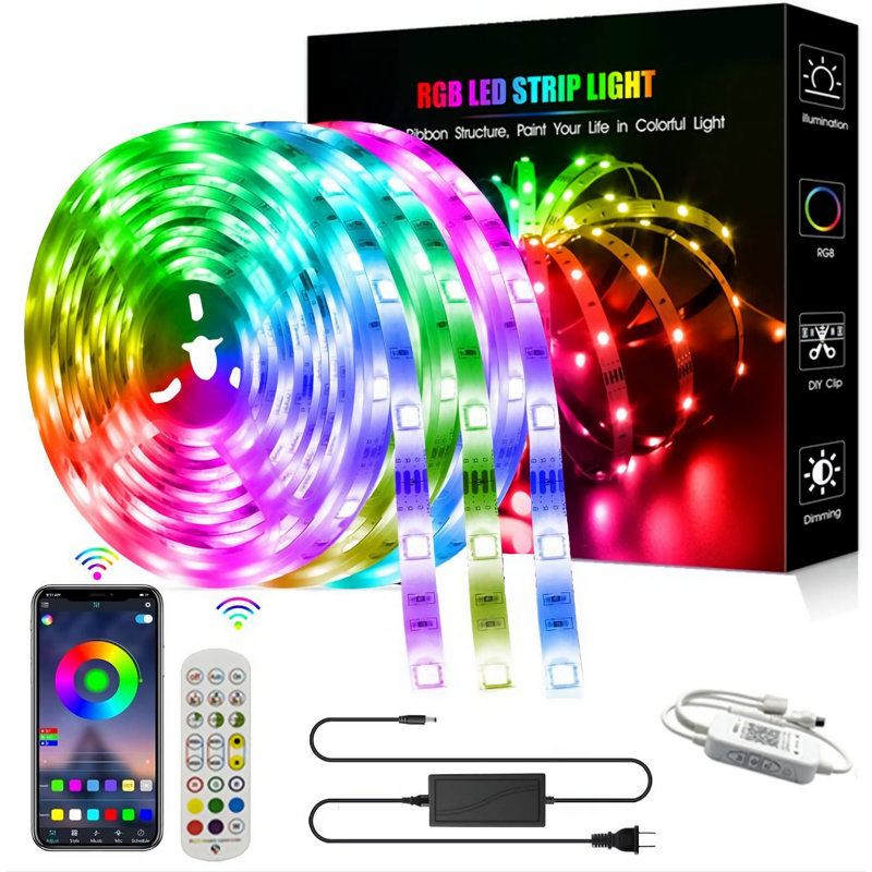 Ruban lumineux à DEL 49,2 pi Smart WiFi - Changement de couleur RVB synchronisé avec la musique et contrôle de l'application (ensemble de 3 rouleaux, coupable)