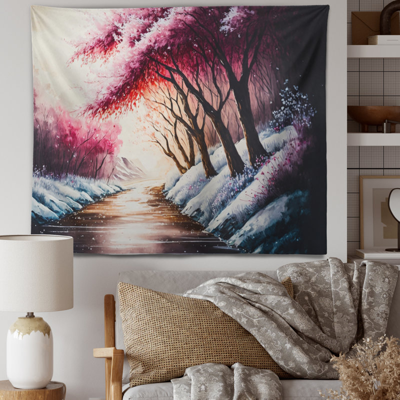 Polyester paysage de beauté d'hiver en rose magenta et bleu IV tapisserie, H 32 po x l 39 po