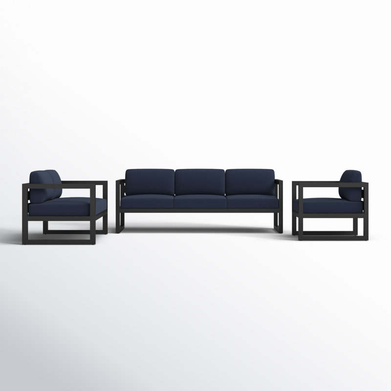 Avion 3 Piece Sofa Loveseat Set, Spectrum Indigo Sunbrella®, Black