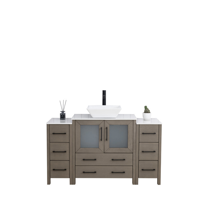 Ensemble de meuble-lavabo autoportant à simple cuve 54 "avec plateau en marbre et miroir assortis Ravenna, Bois flottant gris