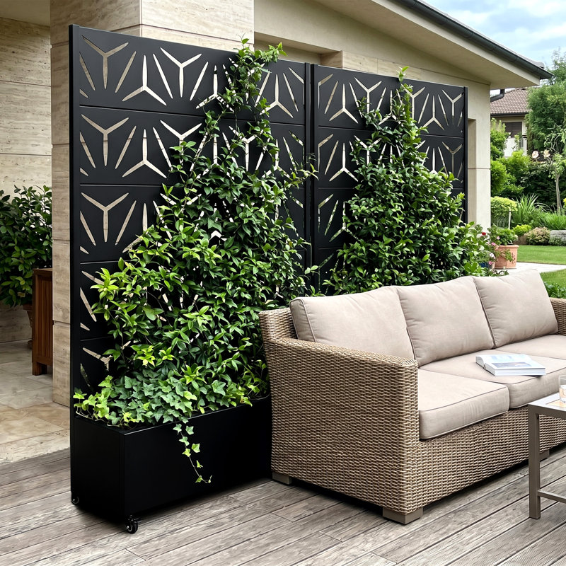 Metal Planter Box with Trellis with Wheels, 72" H x 47" W x 16" D, Black
