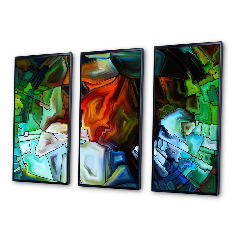 Abstrait vitrail - ensemble abstrait d'art mural encadré sur toile de 3, Noir, H 28 po x l 36 po