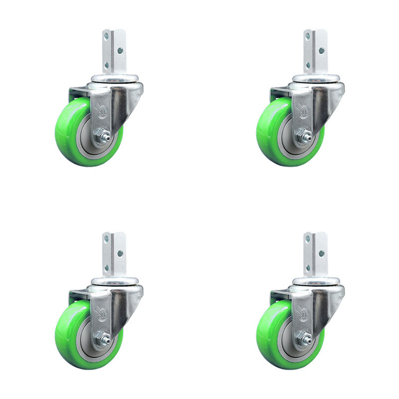 3 Inch Green Polyurethane Wheel Swivel 7/8 Inch Square Stem Caster Set SCC, Green