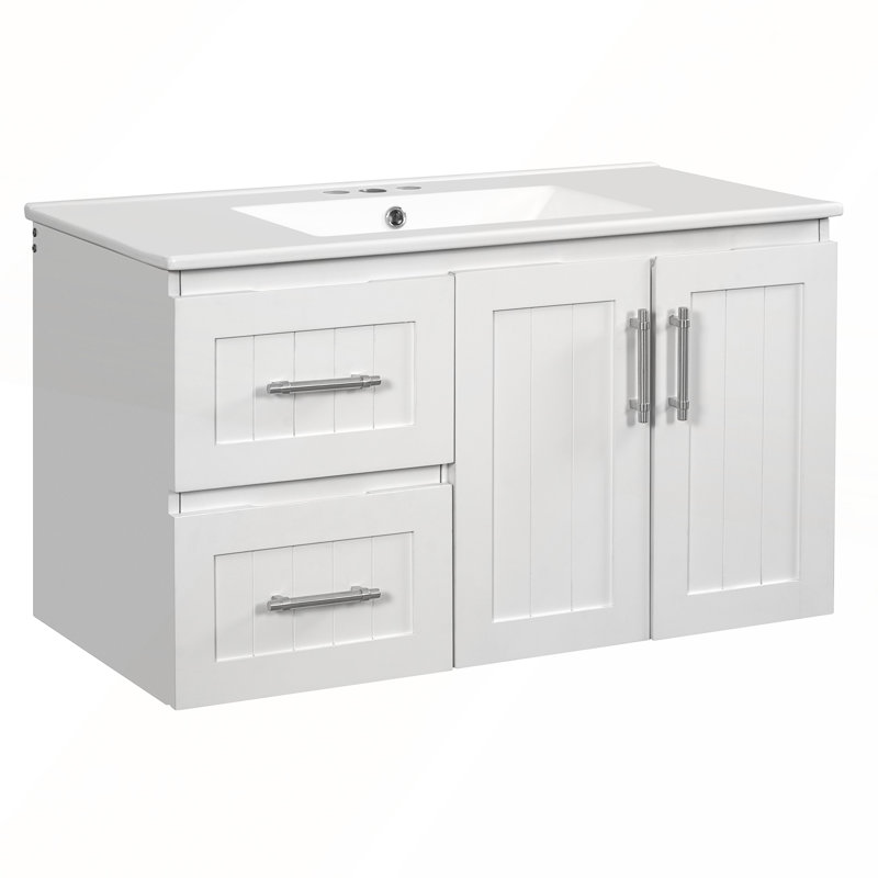 Meuble-lavabo mural 36 po, rangement flottant avec 2 tiroirs et lavabo en céramique 3 trous, Blanc