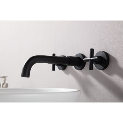 Robinet de salle de bain mural noir mat à deux poignées - Rouille, corrosion, égratignure, ternissement, finition ponctuelle, débit de 1,5 gallon par minute, hauteur du bec de 8 po, plaque de plate-forme de 7 po de portée centrale, ensemble de drain, conduite d'alimentation
