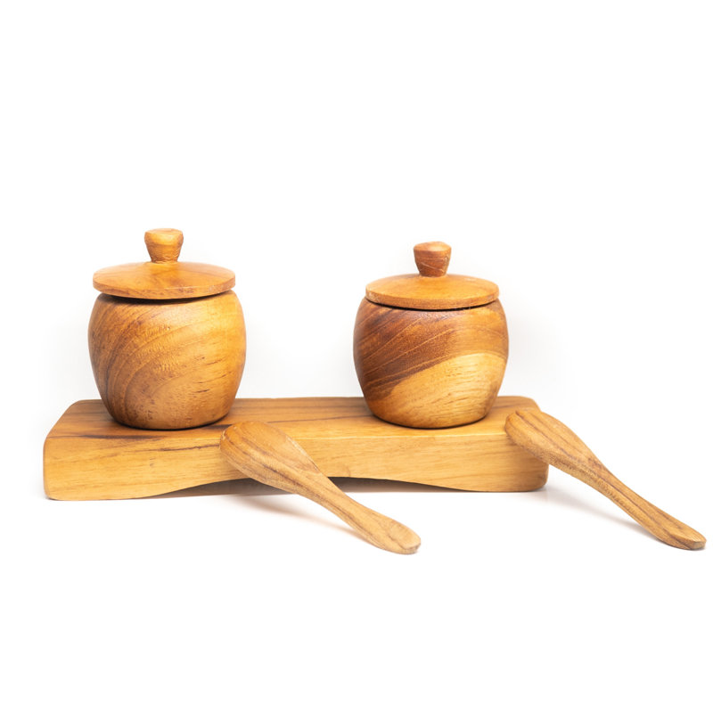 Ensemble de contenants à épices en bois de teck avec plateau et cuillères