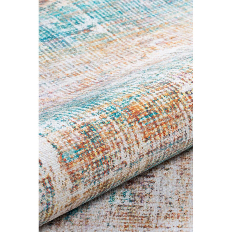 Tapis décoratif rayé vert, orange et beige, Rectangle 9 pi 11 po x 13 pi 2 po