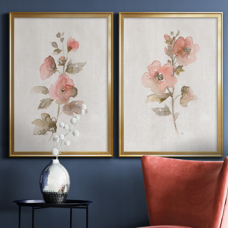 «Blush Sweetly I», ensemble de 2 reproductions d'art, H 26,5 po x l 73 po x P 1,5 po, Toile encadrée dorée, Pas de tapis