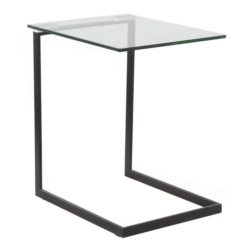 Table d'appoint moderne Zenn avec plateau en métal noir et verre transparent, 22.5" H x 19.5" W x 15.75" D, Transparent/noir