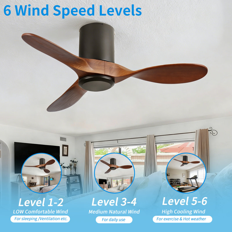 42 In. Black 3 Wood Blades Flush Mount Standard Ceiling Fan With Dc Motor And Remote