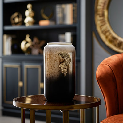 Placida Decorative Glam Glass and Metal Round Modern Vase with Textured Metallic Accent