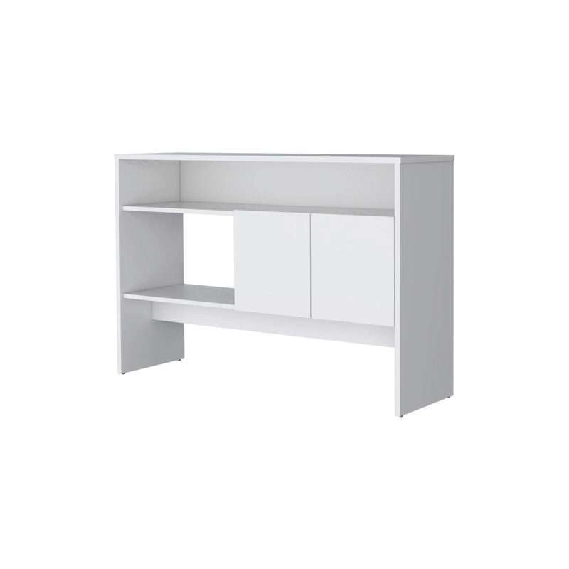 Élégante console blanche avec deux portes et trois tablettes ouvertes, idéale pour les maisons modernes et pour économiser de l'espace