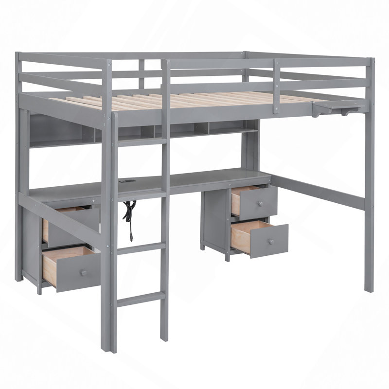 Lit mezzanine avec bureau, armoires, tiroirs et plateau de chevet, station de charge, Gris
