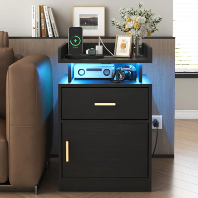 Nightstand with Charging Station and LED Lights,Night Stand with Drawer, Bedside Table with Cabinet Storage,Modern Nightstand for Bedroom/Living Room (Black)