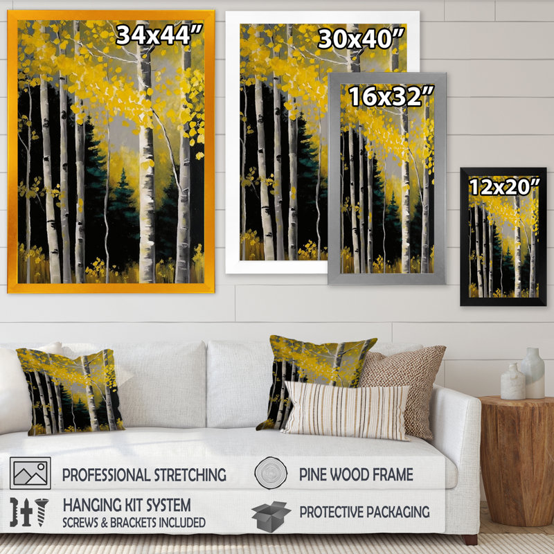 «Yellow Leaf Birches In The Forest IV», reproduction sur toile, H 32 po x l 16 po x P 1 po, Toile avec cadre photo noir