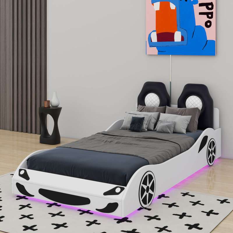 Lit plateforme simple en forme de voiture de course avec DEL, Blanc