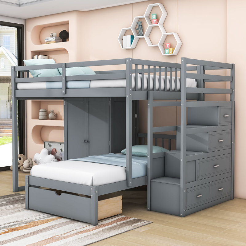 Lit superposé double au-dessus de simple avec 5 tiroirs, escalier et garde-robe, gris